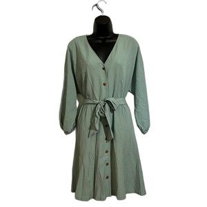 Calvin Klein Jadeite 3/4 Puffy Sleeve Button Front Knee Length Belted Dress Sz 6